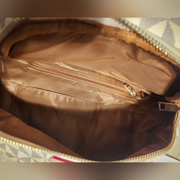 Geometric Patterned Crossbody Bag, Beige And Gray - Picture 3 of 8